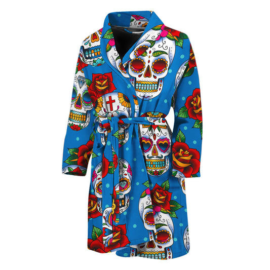 Rose Sugar Skull Pattern Print Men's Bathrobe