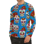 Rose Sugar Skull Pattern Print Men's Long Sleeve Rash Guard