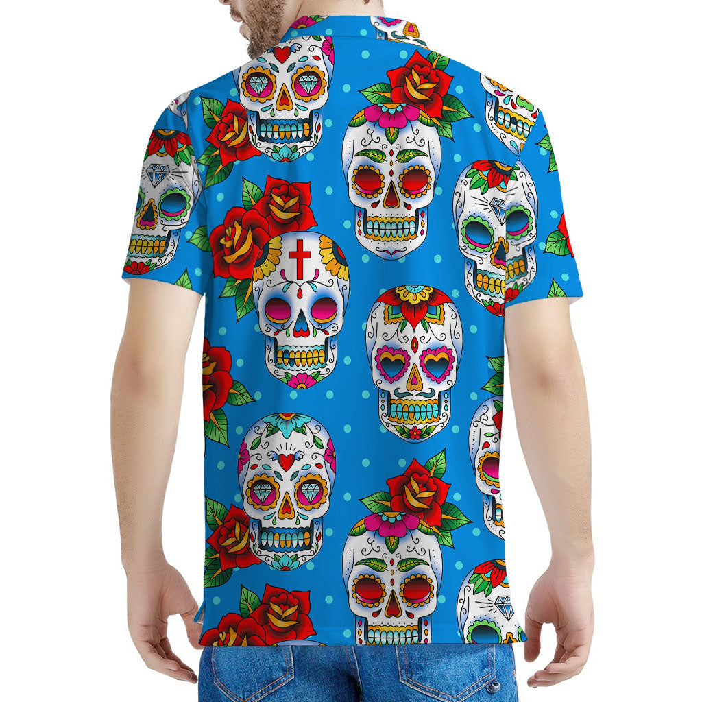 Rose Sugar Skull Pattern Print Men's Polo Shirt