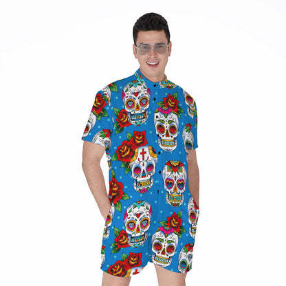 Rose Sugar Skull Pattern Print Men's Rompers