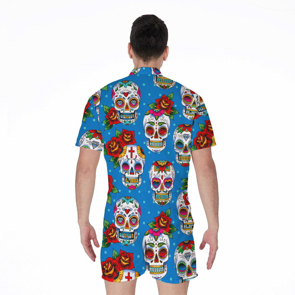 Rose Sugar Skull Pattern Print Men's Rompers