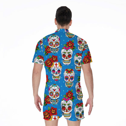 Rose Sugar Skull Pattern Print Men's Rompers