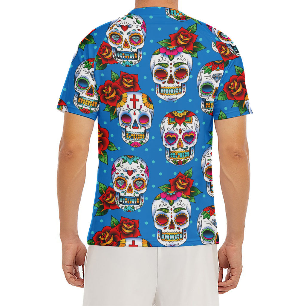 Rose Sugar Skull Pattern Print Men's Short Sleeve Rash Guard