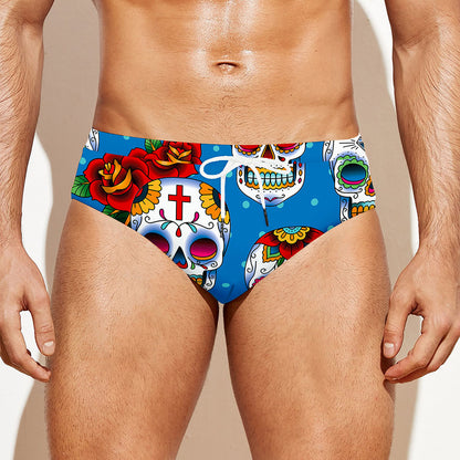 Rose Sugar Skull Pattern Print Men's Swim Briefs