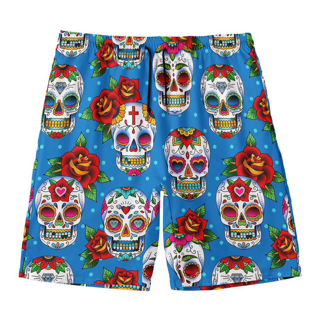 Rose Sugar Skull Pattern Print Men's Swim Trunks