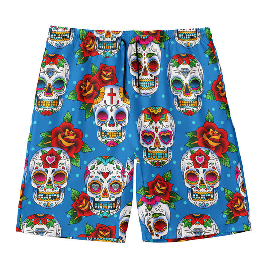 Rose Sugar Skull Pattern Print Men's Swim Trunks