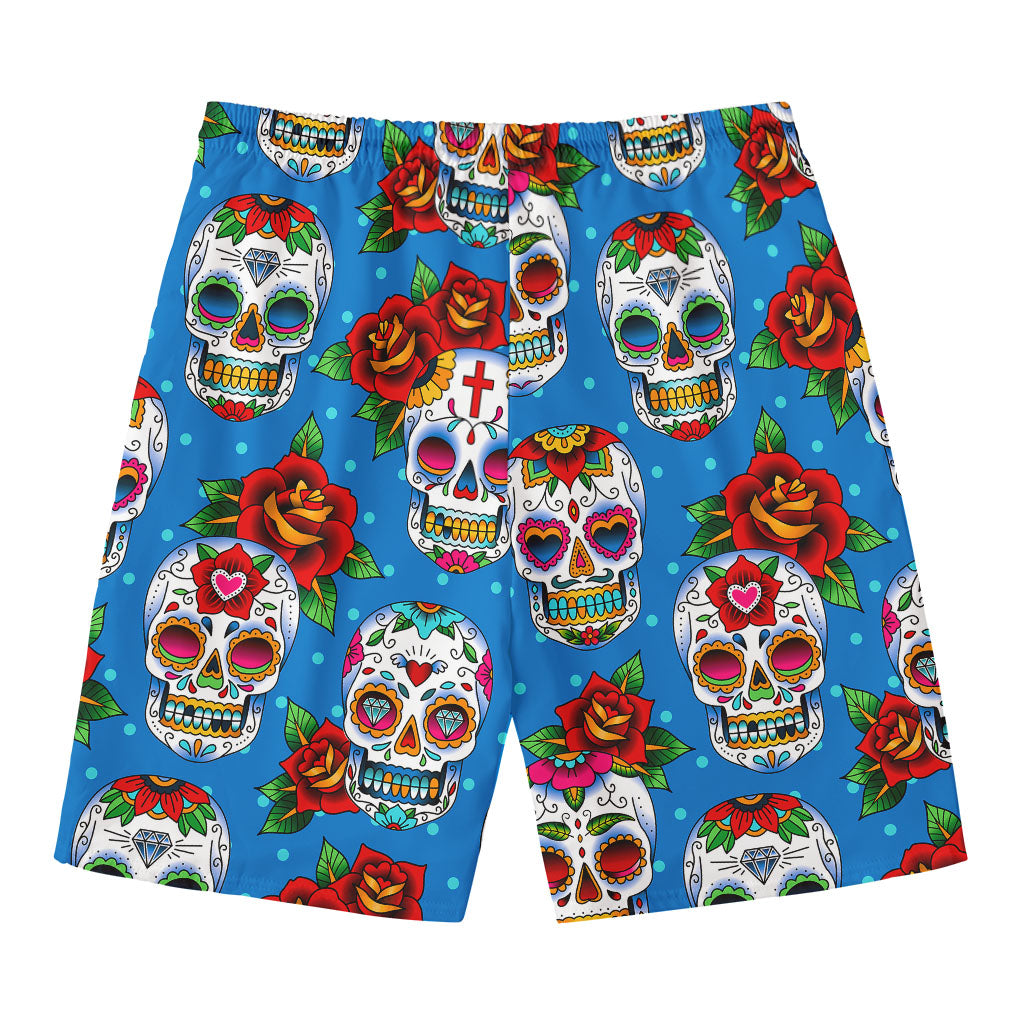 Rose Sugar Skull Pattern Print Men's Swim Trunks