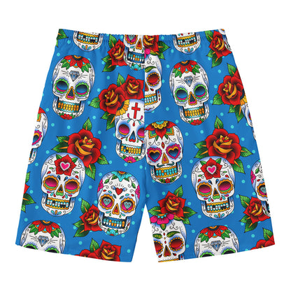 Rose Sugar Skull Pattern Print Men's Swim Trunks