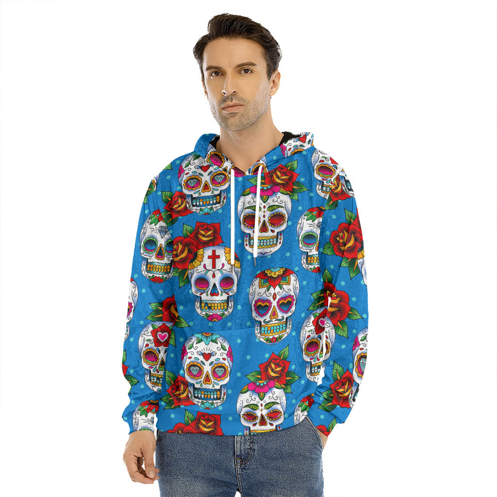 Rose Sugar Skull Pattern Print Men's Velvet Pullover Hoodie