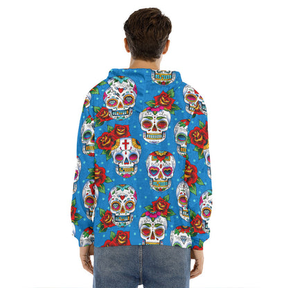Rose Sugar Skull Pattern Print Men's Velvet Pullover Hoodie