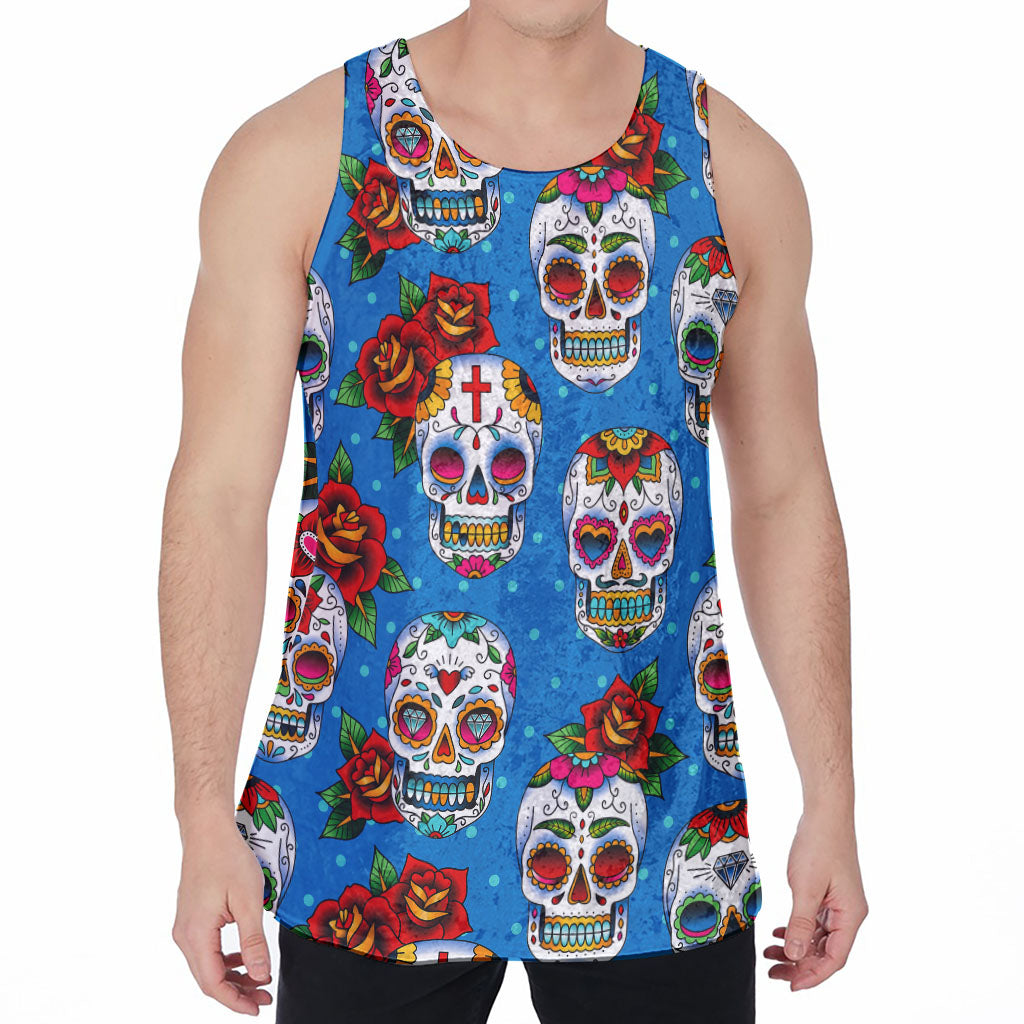 Rose Sugar Skull Pattern Print Men's Velvet Tank Top