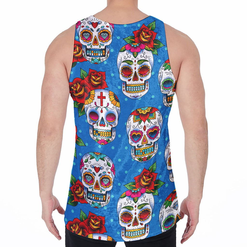 Rose Sugar Skull Pattern Print Men's Velvet Tank Top