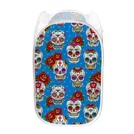 Rose Sugar Skull Pattern Print Mesh Laundry Hamper