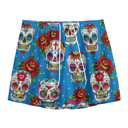 Rose Sugar Skull Pattern Print Mesh Shorts