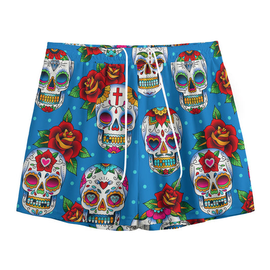 Rose Sugar Skull Pattern Print Mesh Shorts