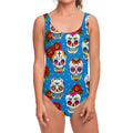Rose Sugar Skull Pattern Print One Piece Swimsuit