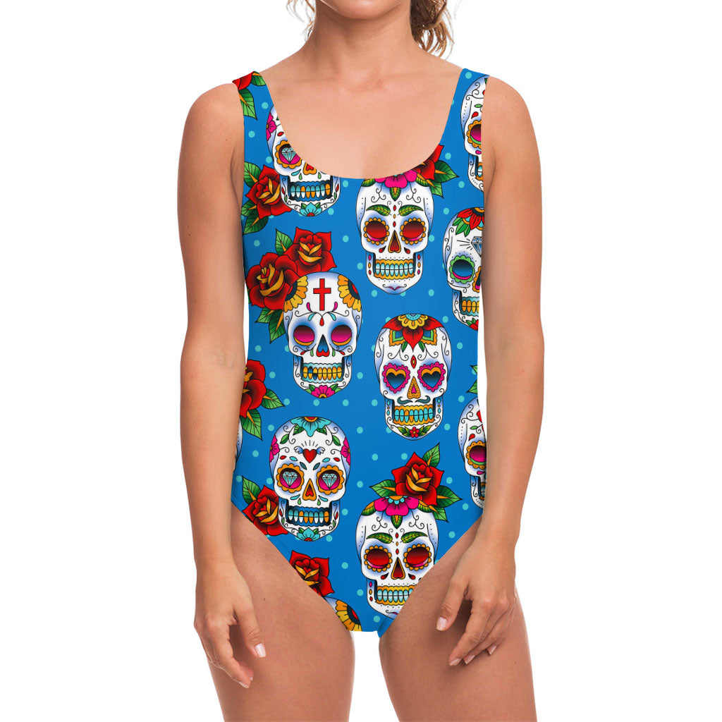 Rose Sugar Skull Pattern Print One Piece Swimsuit