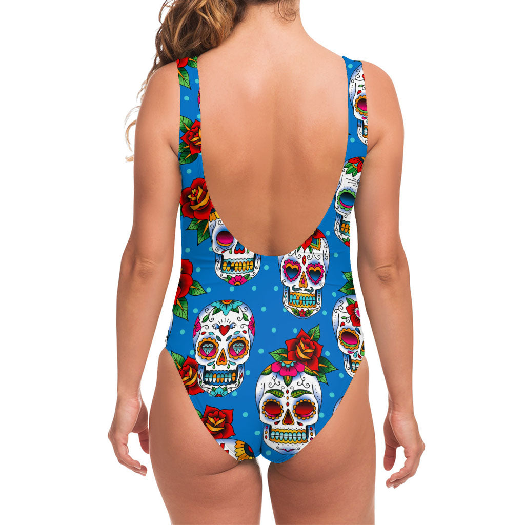 Rose Sugar Skull Pattern Print One Piece Swimsuit