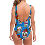 Rose Sugar Skull Pattern Print One Piece Swimsuit