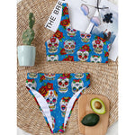 Rose Sugar Skull Pattern Print One Shoulder Bikini Top