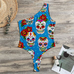 Rose Sugar Skull Pattern Print One Shoulder Bodysuit