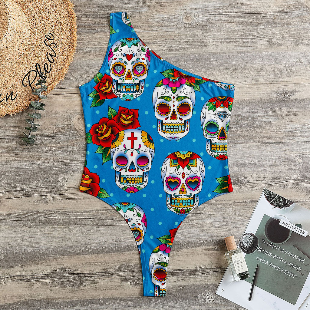 Rose Sugar Skull Pattern Print One Shoulder Bodysuit