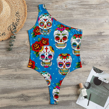 Rose Sugar Skull Pattern Print One Shoulder Bodysuit
