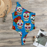 Rose Sugar Skull Pattern Print One Shoulder Bodysuit