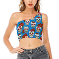 Rose Sugar Skull Pattern Print One Shoulder Crop Top