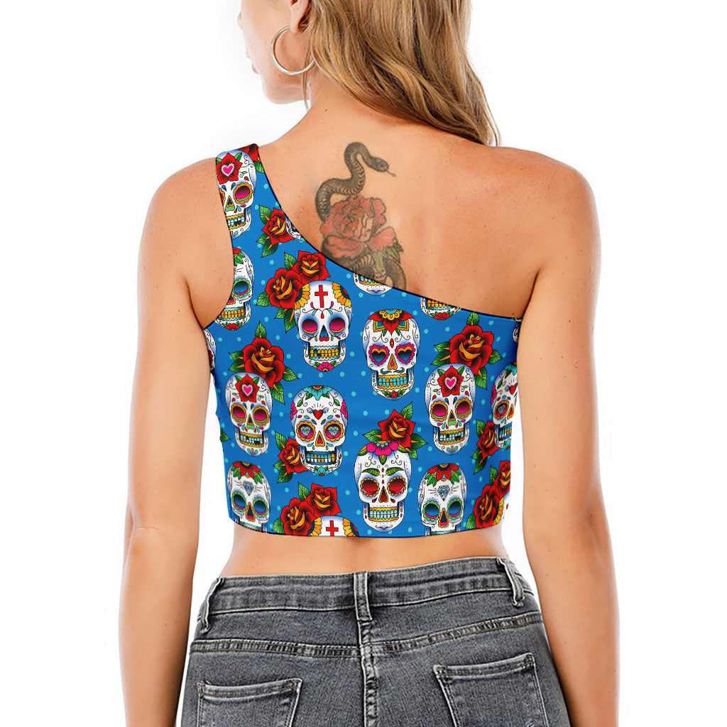 Rose Sugar Skull Pattern Print One Shoulder Crop Top