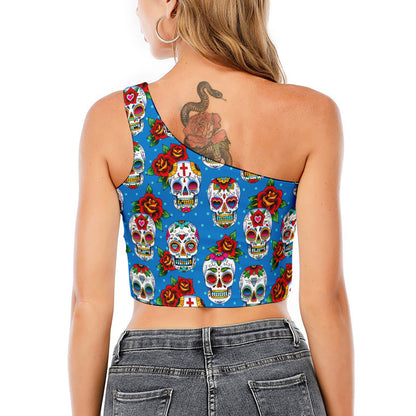 Rose Sugar Skull Pattern Print One Shoulder Crop Top
