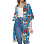 Rose Sugar Skull Pattern Print Open Front Beach Cover Up