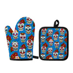 Rose Sugar Skull Pattern Print Oven Mitt And Pot Holder Set