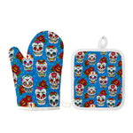 Rose Sugar Skull Pattern Print Oven Mitt And Pot Holder Set