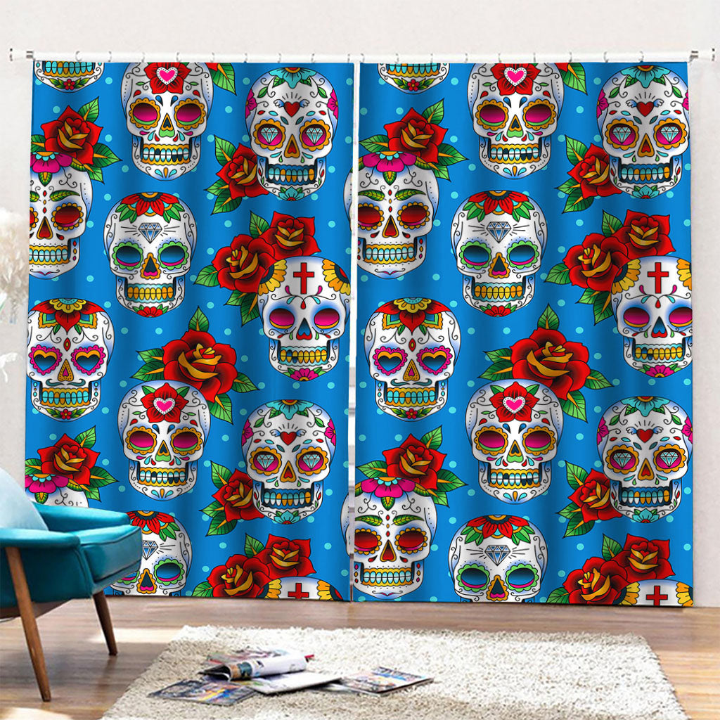 Rose Sugar Skull Pattern Print Pencil Pleat Curtains