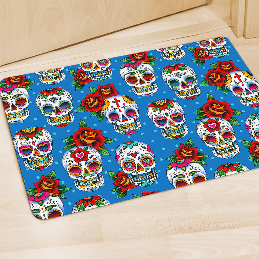 Rose Sugar Skull Pattern Print Polyester Doormat