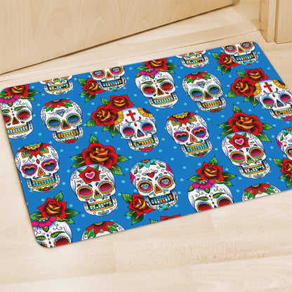 Rose Sugar Skull Pattern Print Polyester Doormat