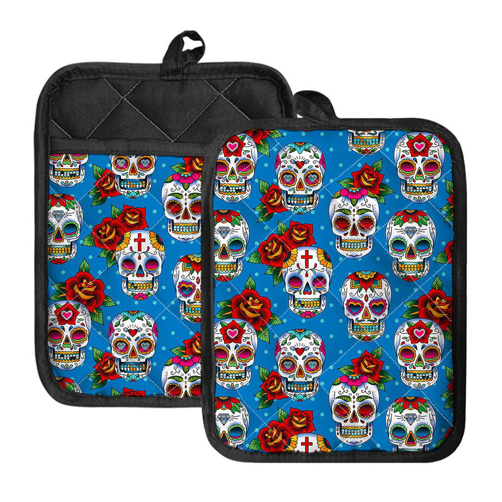 Rose Sugar Skull Pattern Print Pot Holders With Pocket