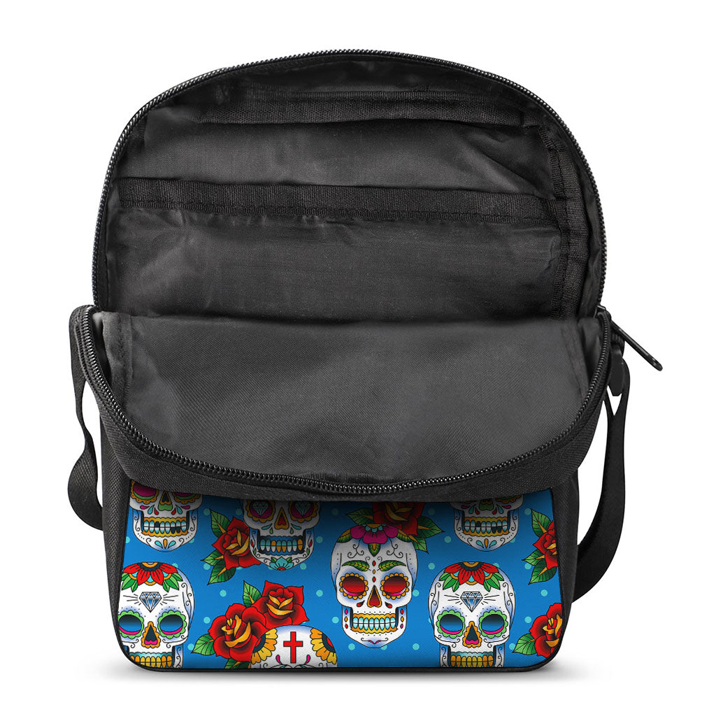 Rose Sugar Skull Pattern Print Rectangular Crossbody Bag