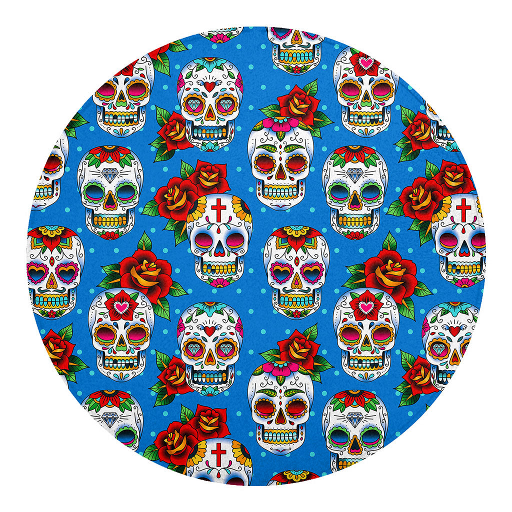 Rose Sugar Skull Pattern Print Round Blanket