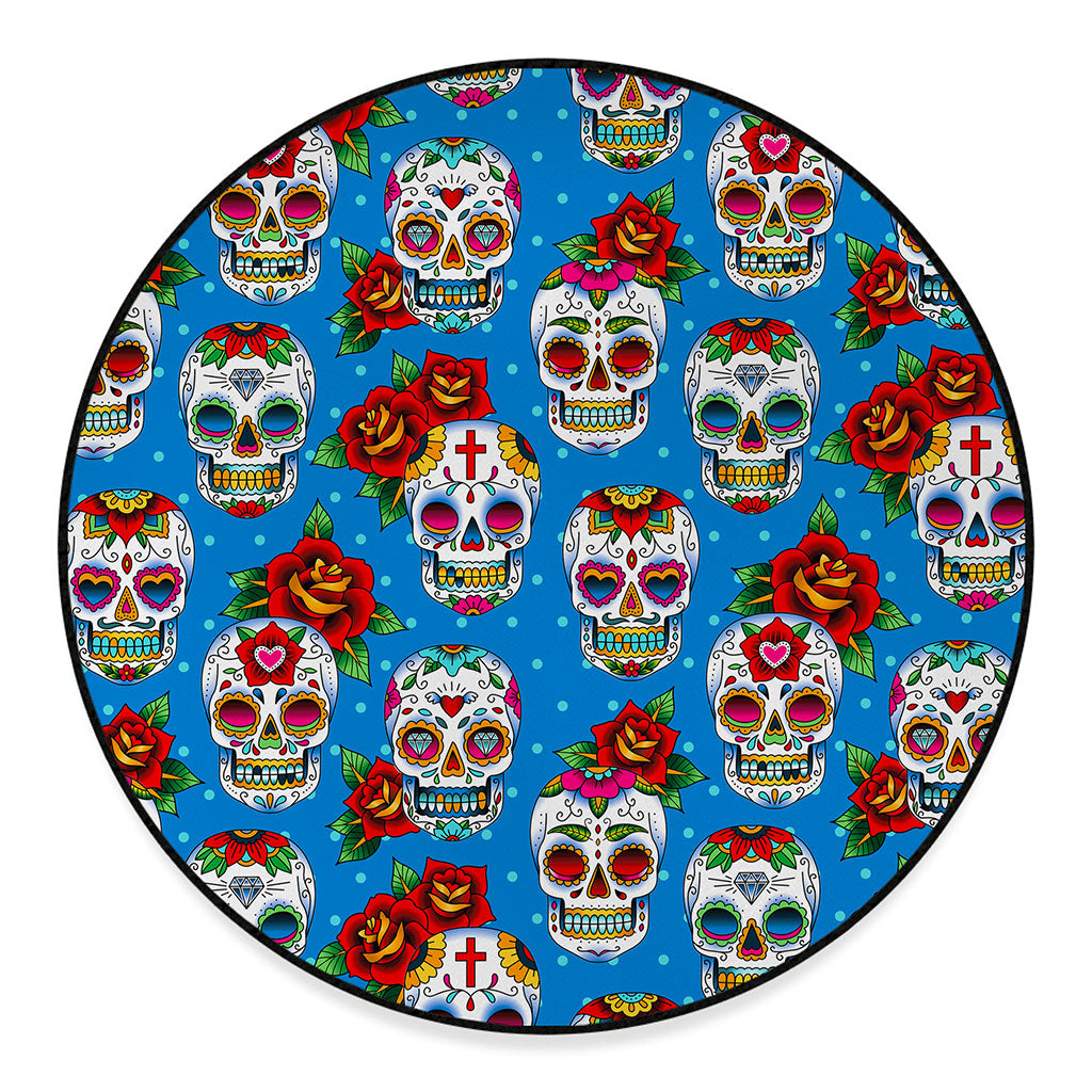 Rose Sugar Skull Pattern Print Round Floor Mat