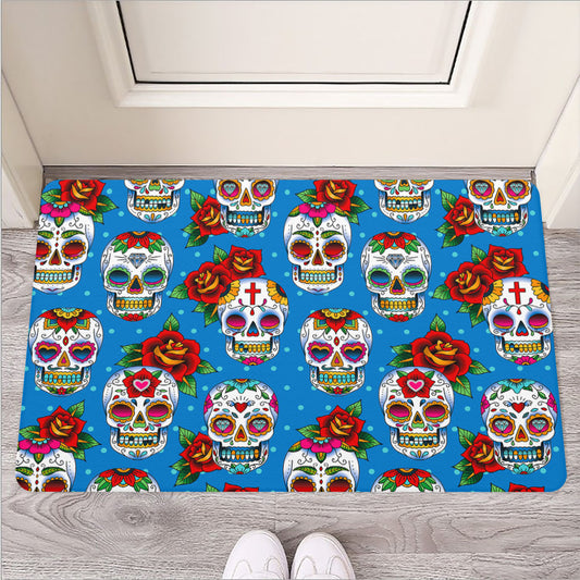 Rose Sugar Skull Pattern Print Rubber Doormat