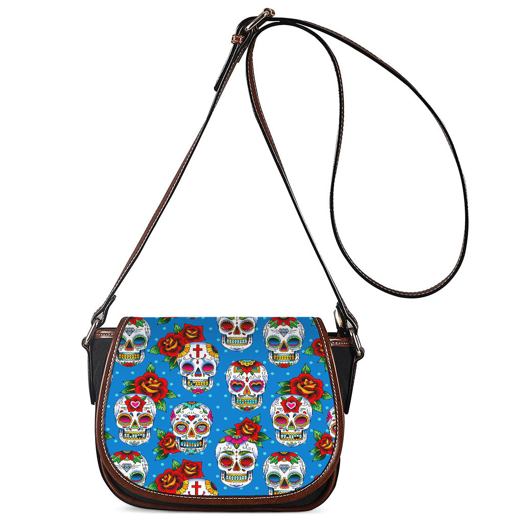 Rose Sugar Skull Pattern Print Saddle Bag