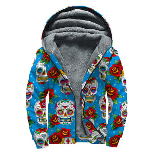 Rose Sugar Skull Pattern Print Sherpa Lined Zip Up Hoodie