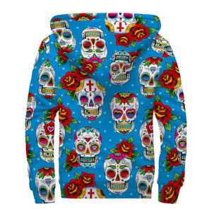 Rose Sugar Skull Pattern Print Sherpa Lined Zip Up Hoodie