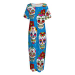 Rose Sugar Skull Pattern Print Short Sleeve Long Nightdress