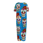 Rose Sugar Skull Pattern Print Short Sleeve Long Nightdress