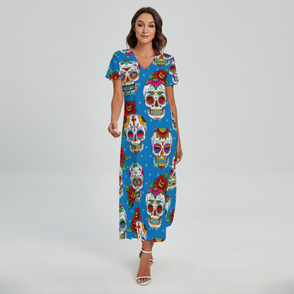 Rose Sugar Skull Pattern Print Short Sleeve Maxi Dress