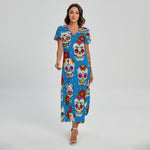 Rose Sugar Skull Pattern Print Short Sleeve Maxi Dress