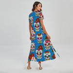Rose Sugar Skull Pattern Print Short Sleeve Maxi Dress